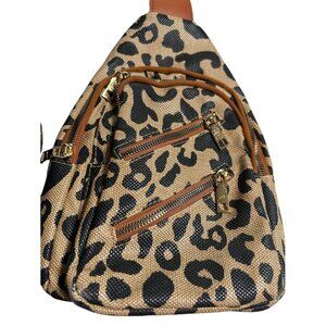 Leopard Print Sling Backpack With Multiple Zippered Pockets & Adjustable‎ Strap